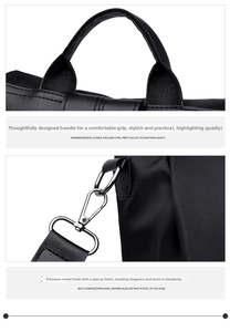 Detail view of the durable nylon handle and silver metal hardware hook on the black backpack