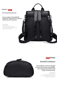 Detailed view of the back and bottom of a black waterproof nylon backpack with straps