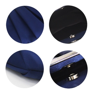 Detailed views of pleated dark blue satin evening bag with metal frame and magnetic clasp