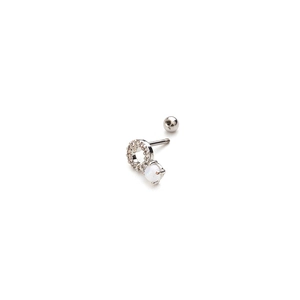 Boucle d'oreille en acier avec cristaux pavés et pierre d'opale blanche ronde