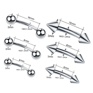 Set of 16G silver stainless steel curved barbell piercing studs in various lengths