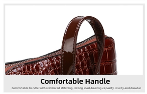 Macro shot of dark brown crocodile pattern handbag handle with reinforced stitching