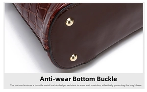 Detail of dark brown crocodile pattern backpack bottom with gold protective metal feet