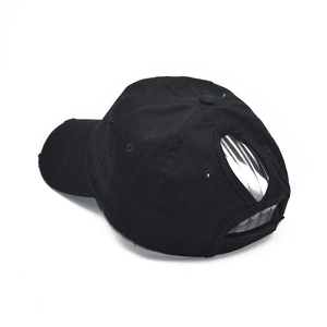 Black cotton ponytail baseball cap with distressed hole design and curved brim for outdoor use