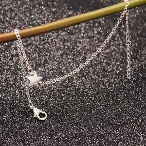 Detailed close-up of a silver star pendant bracelet on a decorative botanical stem