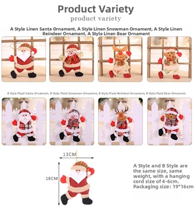 Detailed size specifications for assorted Christmas knit and burlap plush hanging ornaments