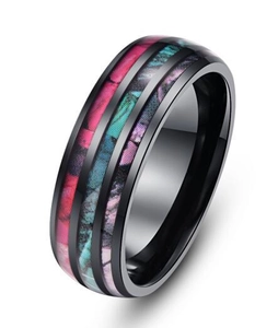 Polished black titanium steel dragon ring with colorful inlay and sleek metallic finish