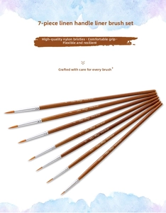 Detailed macro view of 7pcs nylon hair paint brushes with linen wood handles in various sizes