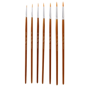 Detail view of seven sizes of artist brushes with nylon bristles and wooden handles