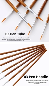 Detail view of fine nylon brush tip with silver ferrule and brown wooden handle