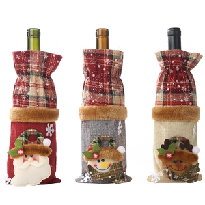 Set of 3 linen Christmas wine bottle covers with plaid Santa, Snowman and Reindeer