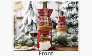 Plaid burlap Christmas wine bottle cover with a 3D Santa Claus applique and plush trim