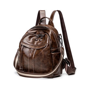 Vintage dark brown oil wax leather anti-theft backpack with adjustable straps and side pockets