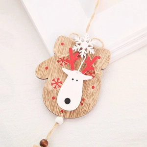 Wooden Christmas tree pendant featuring glove shape with reindeer and snowflake details