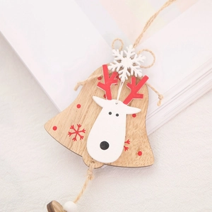 Natural wooden bell-shaped Christmas tree ornament with white reindeer and snowflake motifs