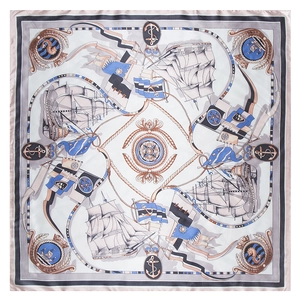 90cm silk-like nautical square scarf featuring hand-painted sailboats, anchors, and compass