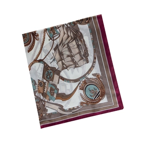 90cm square silk scarf with vintage sailing boat print and nautical anchors on beige base
