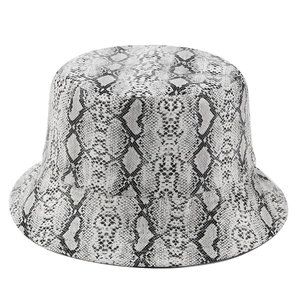 Reversible PU snake print bucket hat with stylish faux python pattern in grey and white