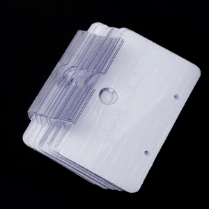Transparent PVC earring display cards with white lettering for jewelry packaging
