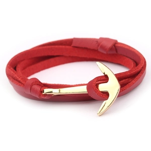 Red multi-layer wrap leather bracelet with a golden anchor clasp on white background