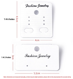 Detailed size chart for white PVC jewelry cards with two hole layout specifications