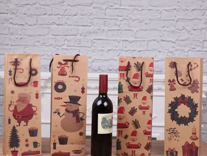 Christmas kraft paper wine bags with cartoon Santa and snowman prints for festive table decor