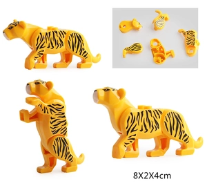 Detailed view of yellow tiger building blocks model showing dimensions 8x2x4cm and parts