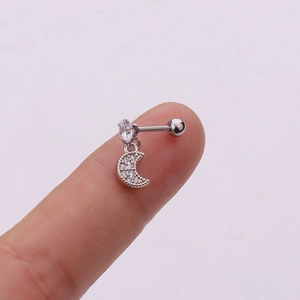 Silver stainless steel cartilage stud earring with crescent moon and cubic zirconia charm