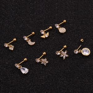 Set of 8 gold heart flower stainless steel stud earrings with zircon inlays