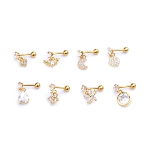 Set of 8 gold stainless steel helix earrings with zircon flower and heart charms