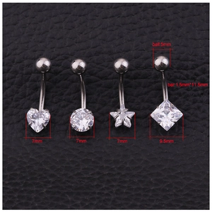 Set of 4 stainless steel navel rings with heart, round, star and square zircon crystals