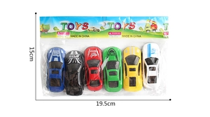 Detailed view of 6-piece alloy toy car set in packaging measuring 19.5cm by 15cm