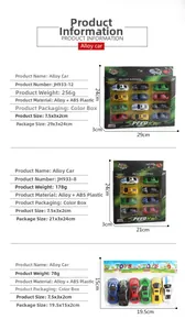 Three sets of die-cast toy car models in 6, 8, and 12 pack boxes with dimensions and weights