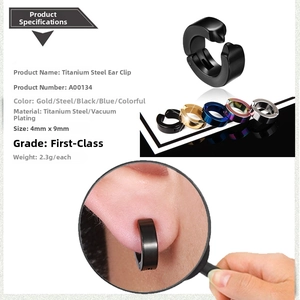 Detailed size chart for titanium steel ear clips with color options and close-up views