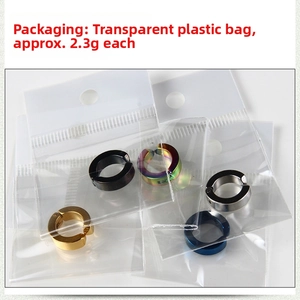 Detail of five colored stainless steel clip-on earrings in individual OPP bag packaging