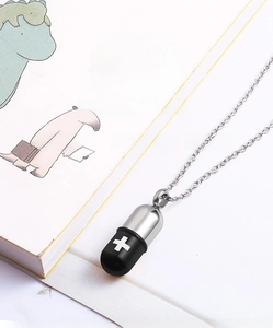 Detail view of a 316L stainless steel capsule pendant with an opening feature for small notes