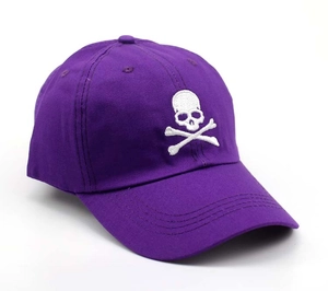 Detailed close-up showing the white skull embroidery on the purple twill baseball cap