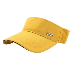 Yellow sporty sun visor hat with metal SPORT badge and contrast black trimmed brim