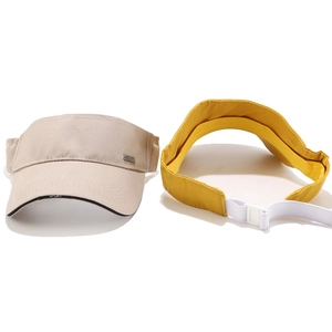Adjustable sport visor hats in beige and yellow with metal tag and elastic strap