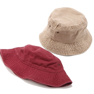 Khaki and dark red washed cotton bucket hats with side metal eyelets for sun protection