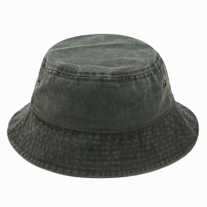 Detail of dark grey washed cotton bucket hat with ventilation eyelets and stitched brim