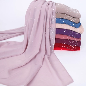 Women Chiffon Scarf Hijab With Artificial Pearls And Rhinestones Elegant Solid Color Long Wrap Muslim Fashion Accessories