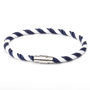 Blue and white braided cord couple bracelet featuring a secure metal magnetic clasp