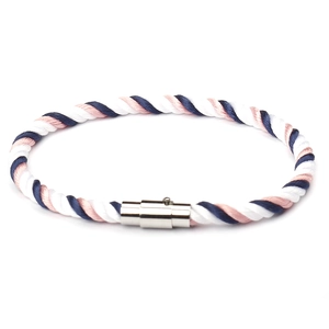 Detail of twisted braided bracelet with white, navy blue, and pink ropes and silver clasp