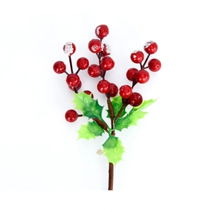 Artificial red berry stem with frosted snow and green leaves for Christmas decor