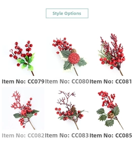 Detail view of six artificial red berry picks with pine cones and green leaves for Christmas