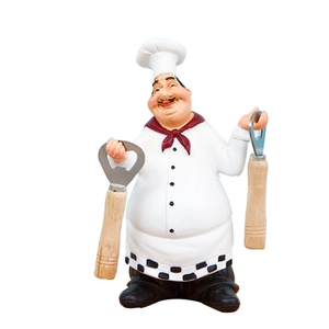 Creative resin chef figurine bottle opener set with wooden handles on white background