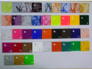 Selection of 39 colorful acrylic material sample plates with various glitter patterns