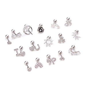 Surgical steel stud earrings set with heart flower zircon for cartilage piercings