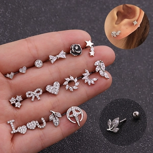 Selection of silver stainless steel cartilage studs with heart and flower zircon designs